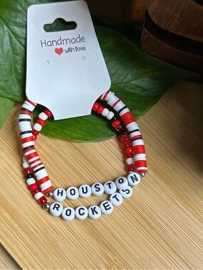 🏀 2-Piece Houston Rockets Stretchy Bracelet Set | Handmade | Beaded